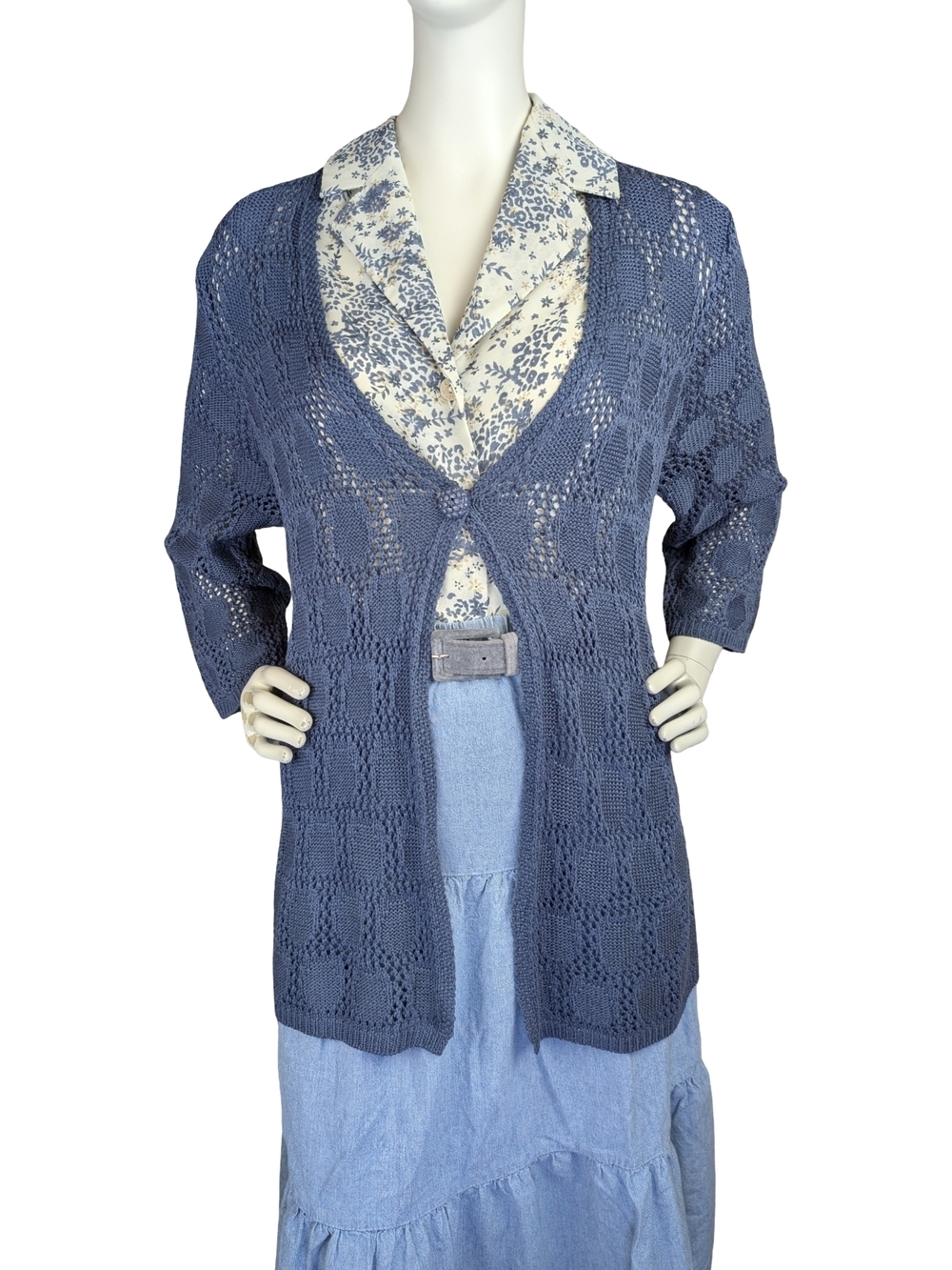 Vintage Denim Blue Open Knit Long Cardigan Cotton Sweater M L Coastal Boho